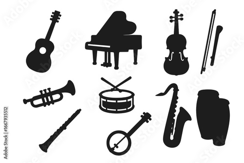Music instruments silhouette icon set. Vector collection of guitar, piano, violin, trumpet, sax, drum. Musical equipment for orchestra, jazz band, concert, or festival graphic.