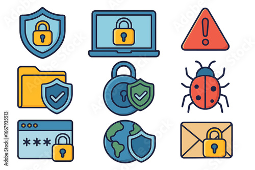 Security Symbols and Icons Illustrating Data Protection, Cybersecurity Concepts, Safe Access, Lock, Shield, Virus, Bug, Password, Email Security, Global Protection, Vector Cartoon Illustration