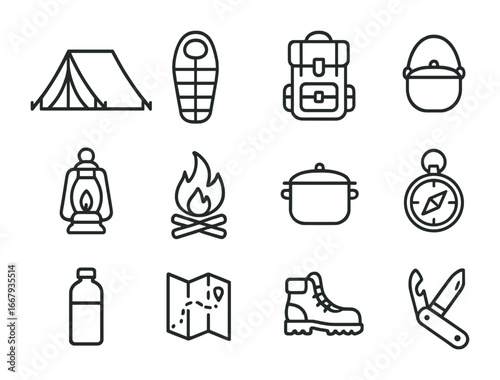 Camping Gear Icons. Outline icon set of camping gear essentials: tent, sleeping bag, backpack, lantern,