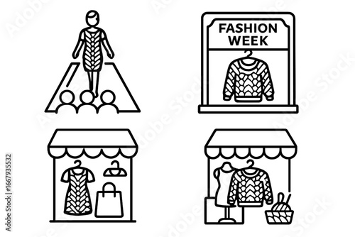 Crochet fashion icon set. Vector outline illustration of runway show, fashion week, pop-up boutique, and craft fair. Handmade clothing, knitwear, and apparel design concept.