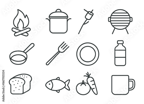 Camping Meal Icons. Outline icon set of camping meals: campfire, cooking pot, marshmallow, grill, pan, fork,