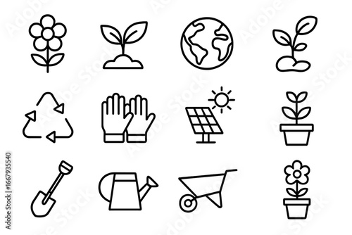 Gardening and nature outline icon set. Ecology, sustainability, and environment line icons. Vector collection of eco friendly symbols, plant, flower, solar panel, and recycle sign.