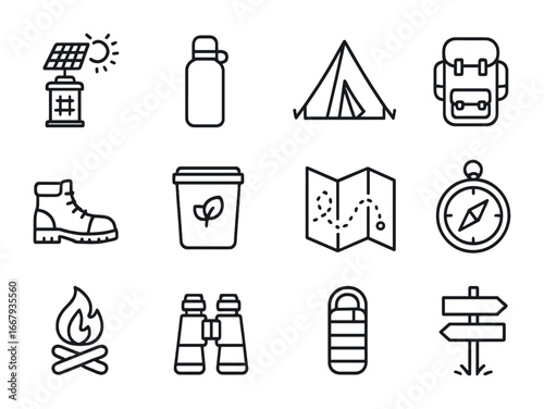 Eco Camping Icons. Outline icon set of eco camping: solar lantern, reusable water bottle, tent, backpack,
