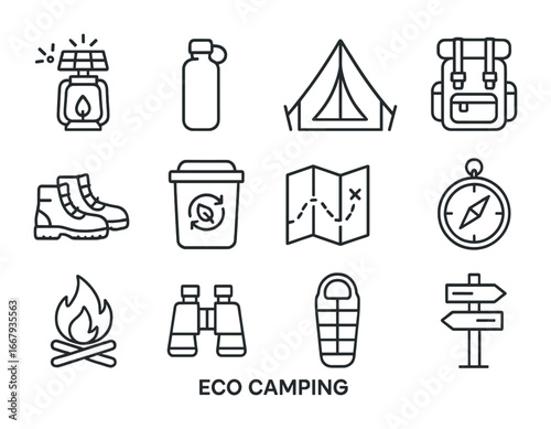 Eco Camping Icons. Outline icon set of eco camping: solar lantern, reusable water bottle, tent, backpack,
