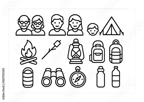 Family Camping Icons. Outline icon set of family camping trips: grandparents, parents, children, tent,