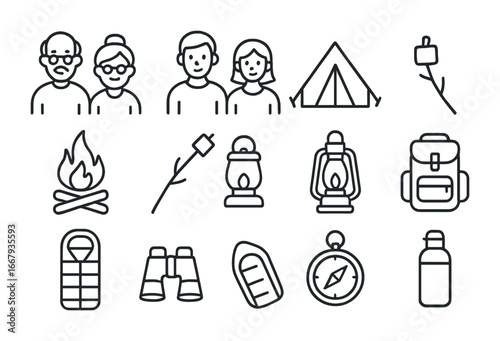 Family Camping Icons. Outline icon set of family camping trips: grandparents, parents, children, tent,