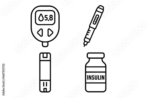 Diabetes management medical outline icon set. Vector symbols for self-monitoring blood sugar. Glucometer, insulin pen, test strip and vial. Health care flat design concept.