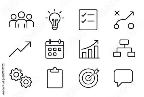 Team Strategy Icons Grid. Outline icon set of team strategy sessions: people, light bulb, checklist, strategy