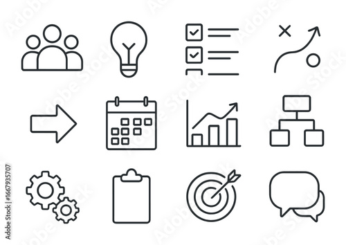 Team Strategy Icons Grid. Outline icon set of team strategy sessions: people, light bulb, checklist, strategy