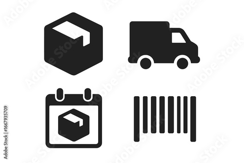 Delivery icon set. Shipping logistics service symbols. Package, box, delivery truck, due date calendar, barcode. E-commerce transport, order tracking glyph vector collection.