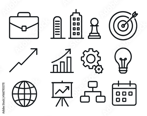 Corporate Strategy Icons. Outline icon set of corporate strategy: briefcase, skyscraper, chess pawn, target,