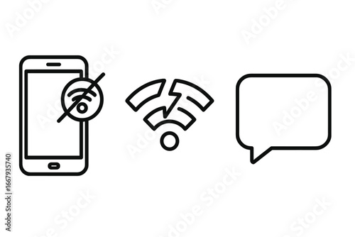 Digital detox and disconnection icon set. Smartphone with no signal, broken wifi symbol, and empty chat bubble. Vector outline illustration of connection error or offline status.