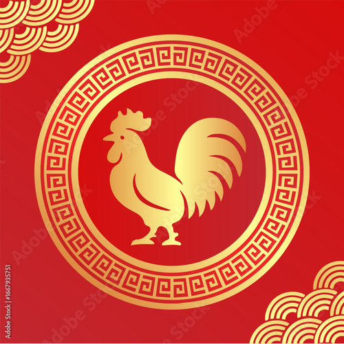 Golden zodiac rooster symbol in a circular frame on a red background with traditional Chinese patterns. Perfect design for Chinese New Year, zodiac decorations, and festive themes.
