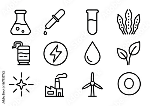 Eco Fuel Icons Set. Outline icon set of eco-friendly fuel production: flask, pipette, test tube, algae,