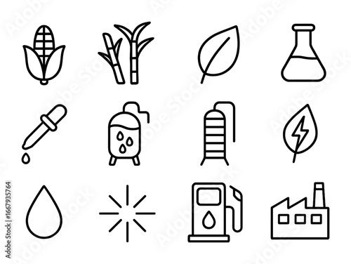 Plant-Based Fuel Icons. Outline icon set of plant-based fuels: corn, sugarcane, leaf, flask, pipette,