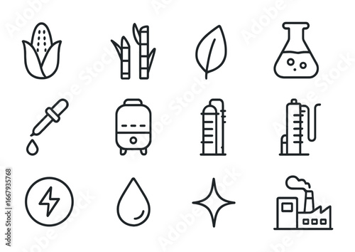 Plant-Based Fuel Icons. Outline icon set of plant-based fuels: corn, sugarcane, leaf, flask, pipette,