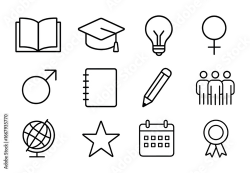 Education Empowerment Icons. Outline icon set of empowerment through education: book, graduation cap, light
