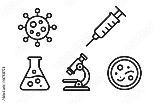 Disease surveillance icon set. Outline vector icons for medical and scientific concepts. Virus, vaccine syringe, lab flask, microscope, petri dish. For pandemic research.