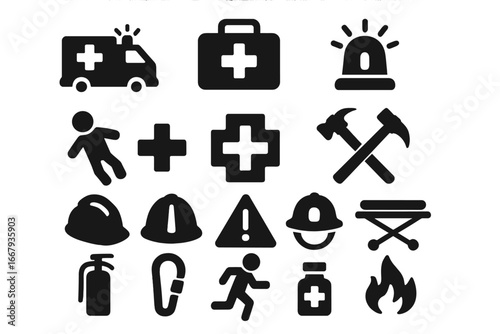 Emergency rescue solid icon set. Safety, first aid, and medical equipment glyphs. Ambulance, fire, accident, and warning symbols. Firefighter and construction worker icons.