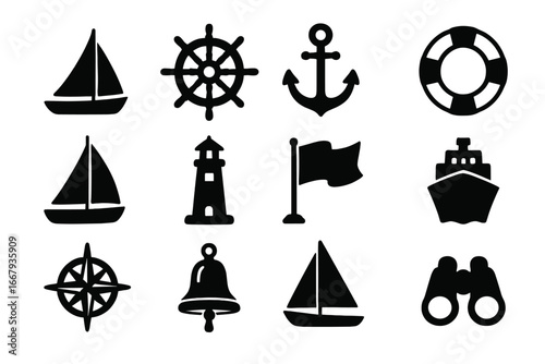 Nautical marine silhouette icon set. Sailing, boating, and navigation symbols collection. Vector graphic with sailboat, anchor, ship wheel, lighthouse, compass, and lifebuoy.