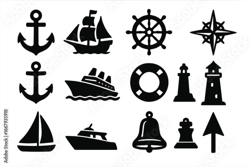 Nautical marine icon set. Sea and ocean travel symbols. Vector silhouette collection with anchor, ship, boat, lighthouse, helm, compass, lifebuoy, bell. Maritime navigation.