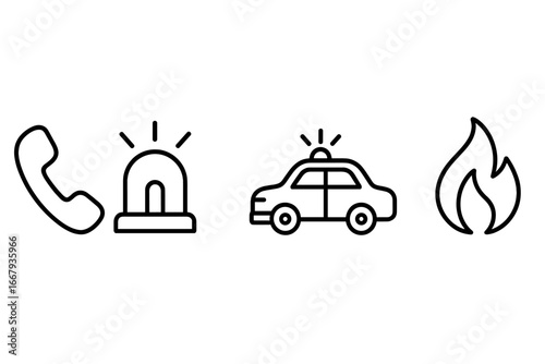 Emergency services line icon set. Vector outline symbols for emergency response concepts like police, fire, safety, and alert. Contains police car, siren, flame, and phone icons.