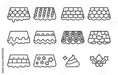 Gingerbread Roof Icons. Outline icon set of gingerbread house roof details: icing shingles, candy cane border,