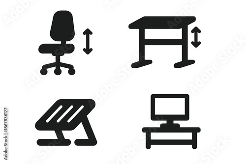 Ergonomic office furniture solid icon set. Vector illustration of workplace health and safety. Concept for good posture, adjustable standing desk, chair, footrest, monitor stand.