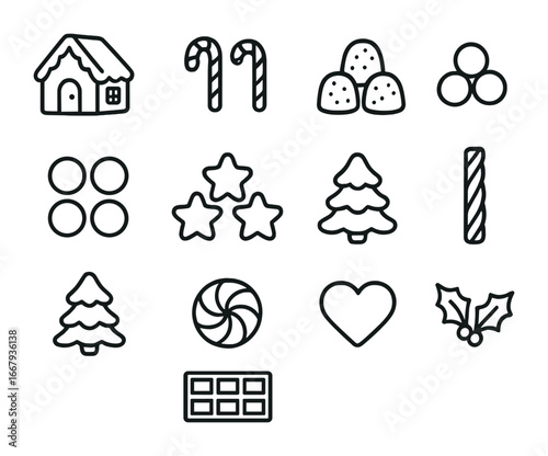 Mini Holiday Treats Grid. Outline icon set of mini holiday treats: mini gingerbread house, tiny candy canes,