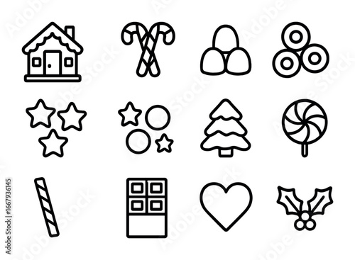 Mini Holiday Treats Grid. Outline icon set of mini holiday treats: mini gingerbread house, tiny candy canes,