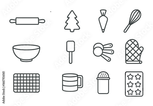 Christmas Baking Tools. Outline icon set of Christmas baking accessories: rolling pin, cookie cutter, piping