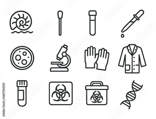Pathogen Collection Icons. Outline icon set of Pathogen sample collection: fossil sample, swab, test tube,