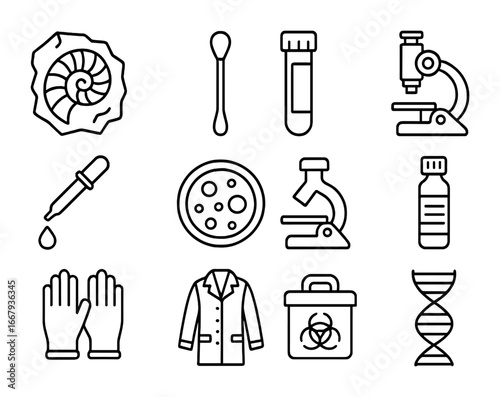 Pathogen Collection Icons. Outline icon set of Pathogen sample collection: fossil sample, swab, test tube,