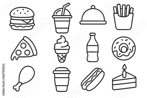 Fast food and drink outline icon set. Vector line art of junk food symbols. Burger, pizza, fries, hot dog, soda, and sweet snacks for menu. Linear pictogram collection.