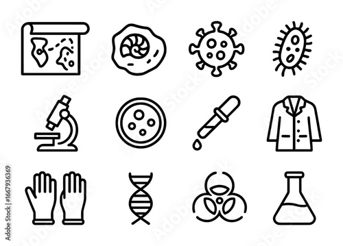 Ancient Disease Icons. Outline icon set of Studying ancient disease outbreaks: historical map, fossil sample,