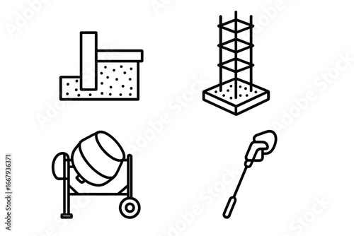 Foundation construction line icons set. Building footing, rebar cage, concrete mixer, vibratory poker. Vector symbols for groundwork, reinforcement, and building process.