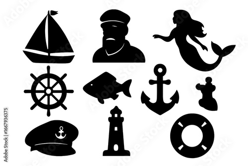 Nautical silhouette icon set. Marine vector collection. Sailor, mermaid, anchor, ship wheel, lighthouse, boat, fish, and lifebuoy symbols. Sea and ocean theme elements.