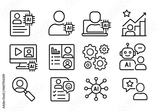 AI HR Icon Set. Outline icon set of AI in human resources: resume screening, candidate profile, automated