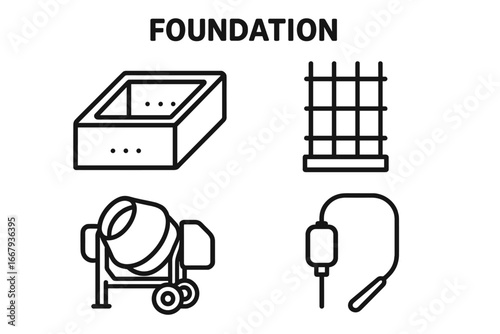Foundation icons set with construction elements. Outline symbols for building projects. Vector illustration of footing formwork, rebar cage, concrete mixer, vibratory poker.