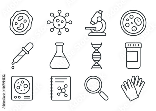 Paleomicrobiology Icon Set. Outline icon set of Paleomicrobiology studies: bacterial fossil, virus
