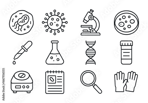 Paleomicrobiology Icon Set. Outline icon set of Paleomicrobiology studies: bacterial fossil, virus