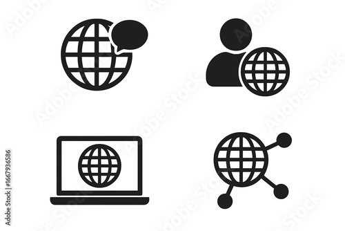 Global communication solid icon set. Network, technology, and connectivity symbols. Vector internet, web, and worldwide connection glyphs. Globe, user, laptop, and hub icons.