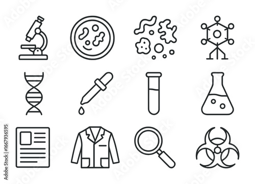 Ancient Pathogen Icons. Outline icon set of Research on ancient pathogens: microscope, petri dish, bacterial