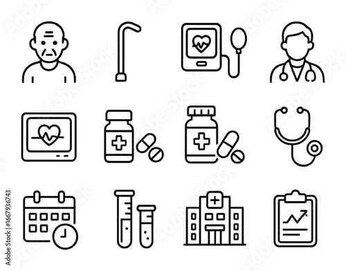 Geriatric Health Icons Set. Outline icon set of Geriatric Health Monitoring: elderly patient, walking cane,