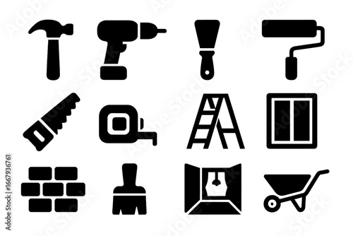 House renovation and home improvement solid icon set. Construction tools and building equipment for DIY projects. Repair, maintenance, and interior design vector symbols.