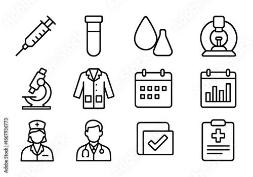 Routine Blood Test Icons. Outline icon set of Routine Blood Tests: syringe, test tube, blood drop, centrifuge,