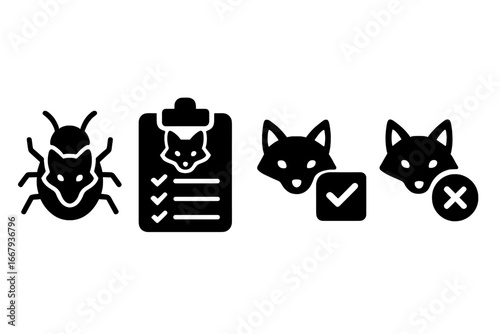 Software testing QA icon set with a fox mascot. Quality assurance concept with bug report, test case checklist, pass and fail status. Vector glyph icons for UI UX design.