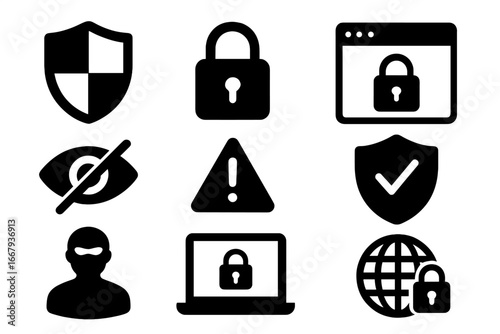 Internet security solid icon set. Cybersecurity concepts, data privacy, web and network protection symbols. Vector glyphs for online safety, antivirus, vpn, and hacker alert.