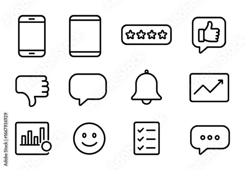 Educational App Icons. Outline icon set of Educational App Feedback: smartphone, tablet, star rating, thumbs
