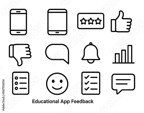 Educational App Icons. Outline icon set of Educational App Feedback: smartphone, tablet, star rating, thumbs
